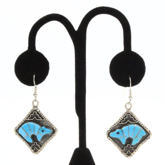 Stamped Derrick Cadman Navajo Sterling Silver Bear Inlaid Turquoise Necklace Set - Picture 3 of 11